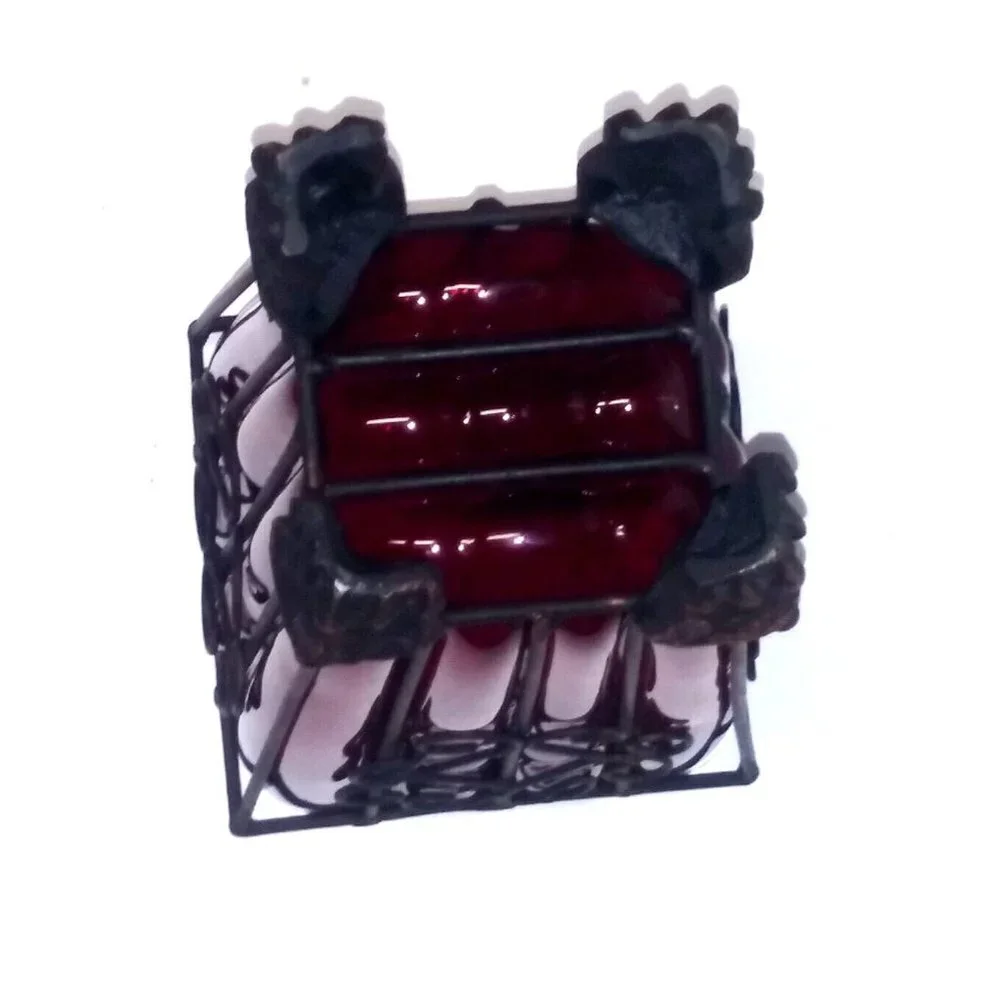 Vintage Vase Metal caged/imprisoned Bubbled RED Glass Footed Art glass vase EUC